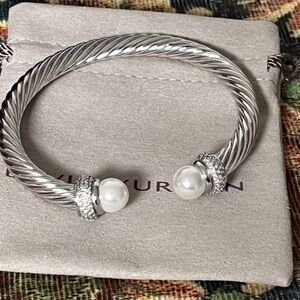David Yurman Silver Cable Bracelet with Pearls and Pavé Accents 7mm